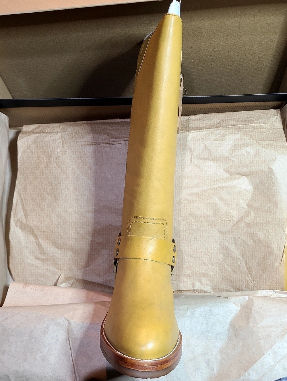 Frye CAMRYN Tall HARNESS Boots BANANA Leather Women  MSRP$498 NWB - Picture 3 of 7